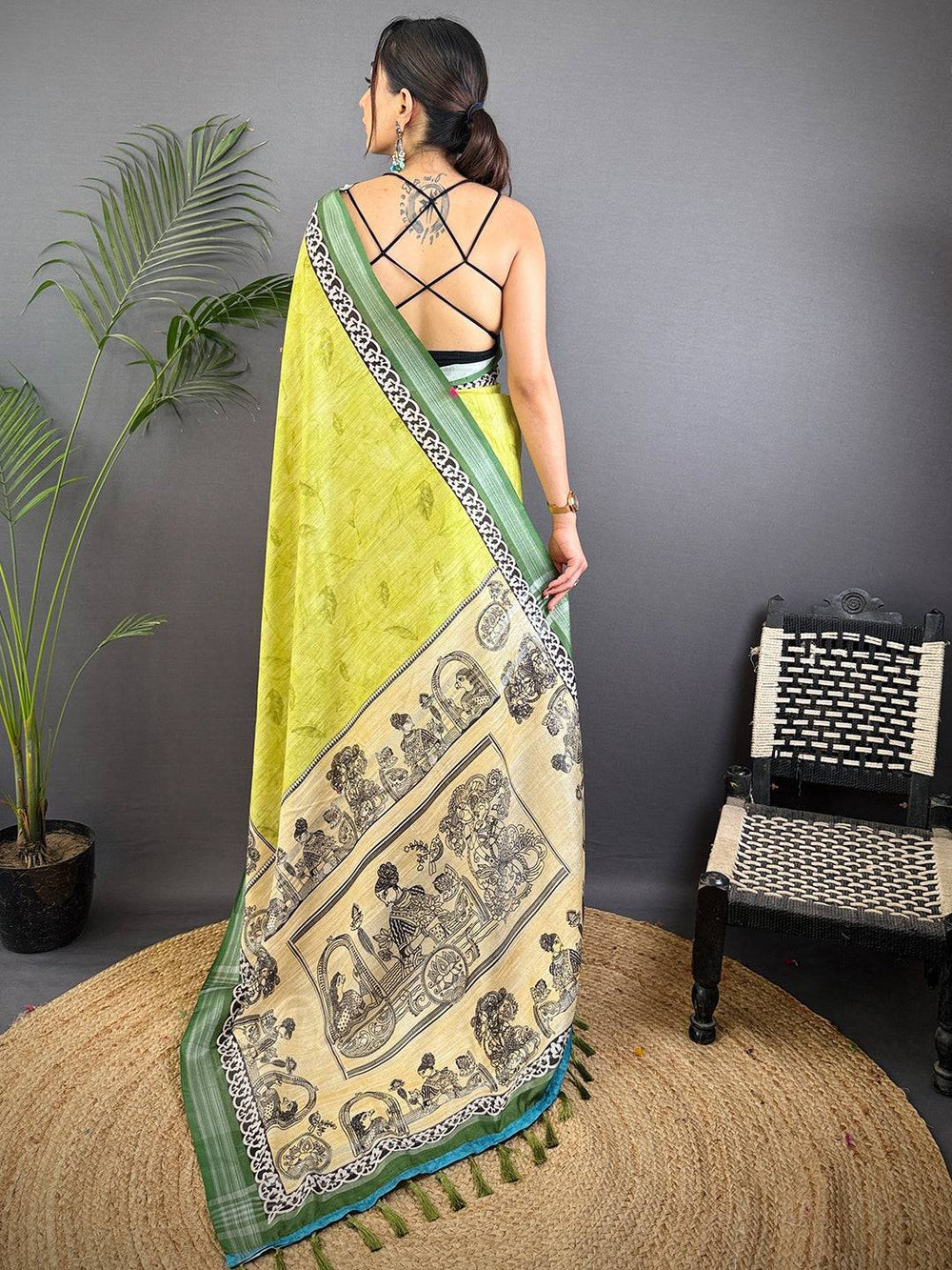 Green Linen Silk Saree with Artistic Hand Sketch Print & Contrast Border