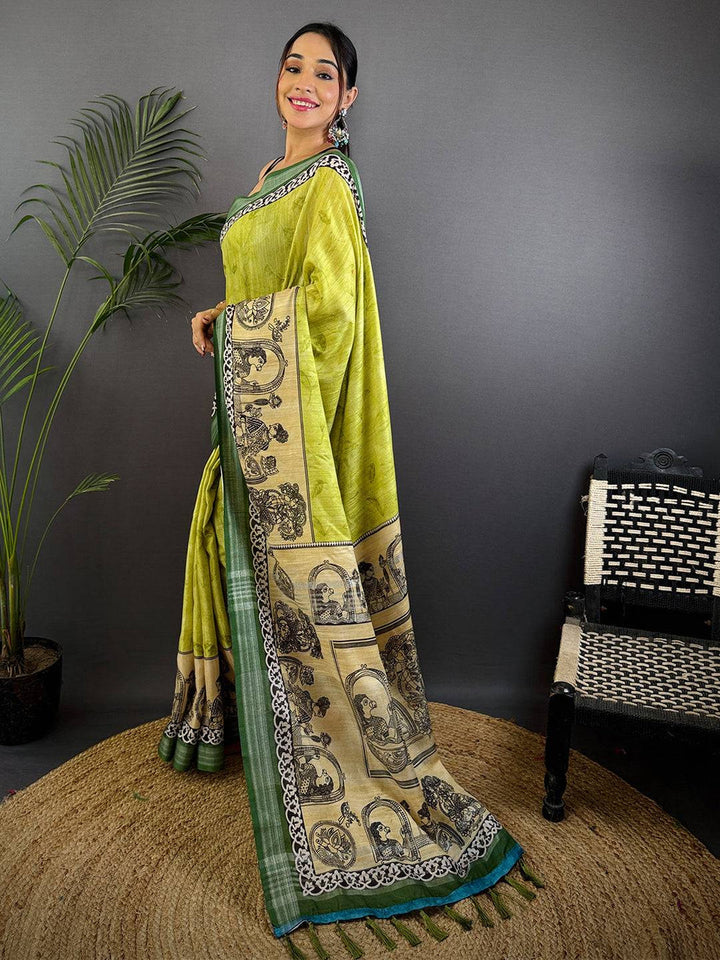 Green Linen Silk Saree with Artistic Hand Sketch Print & Contrast Border