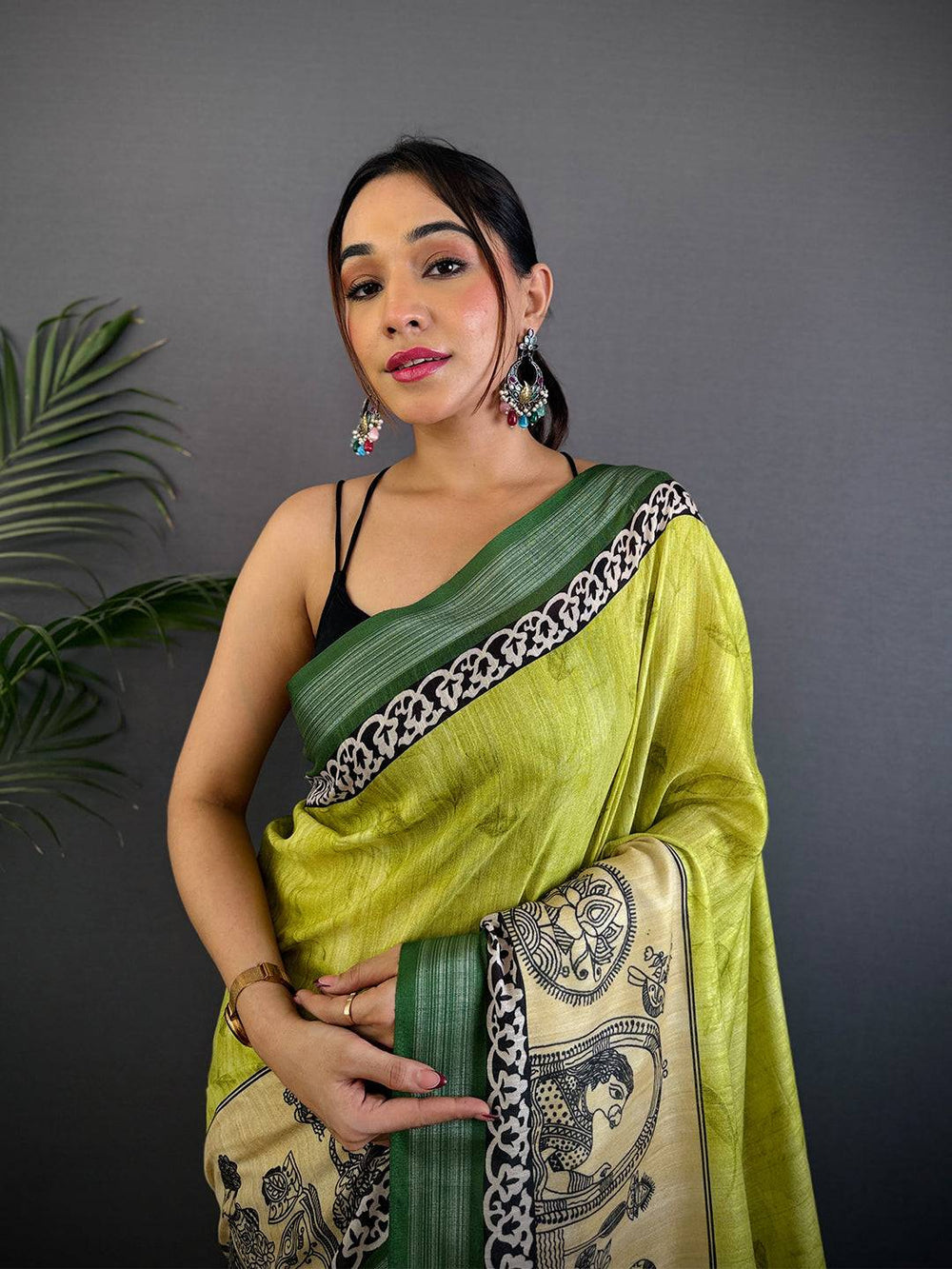 Green Linen Silk Saree with Artistic Hand Sketch Print & Contrast Border