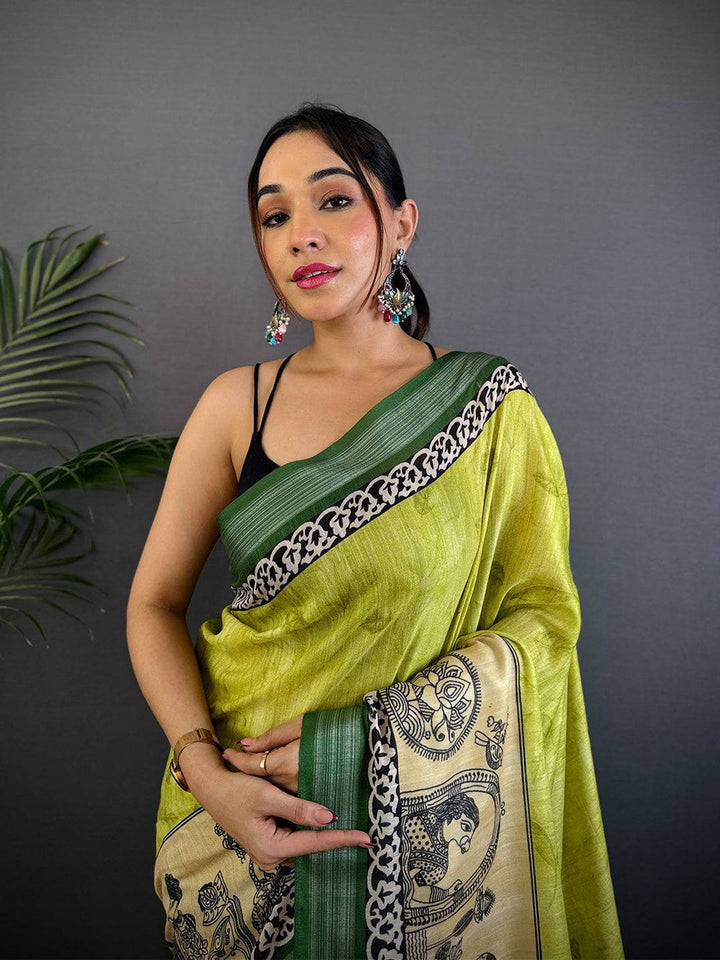 Green Linen Silk Saree with Artistic Hand Sketch Print & Contrast Border