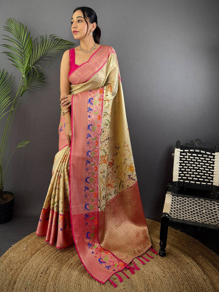 Pink & Gold Linen Silk Saree with Zari Weave and Multicolor Floral Pallu