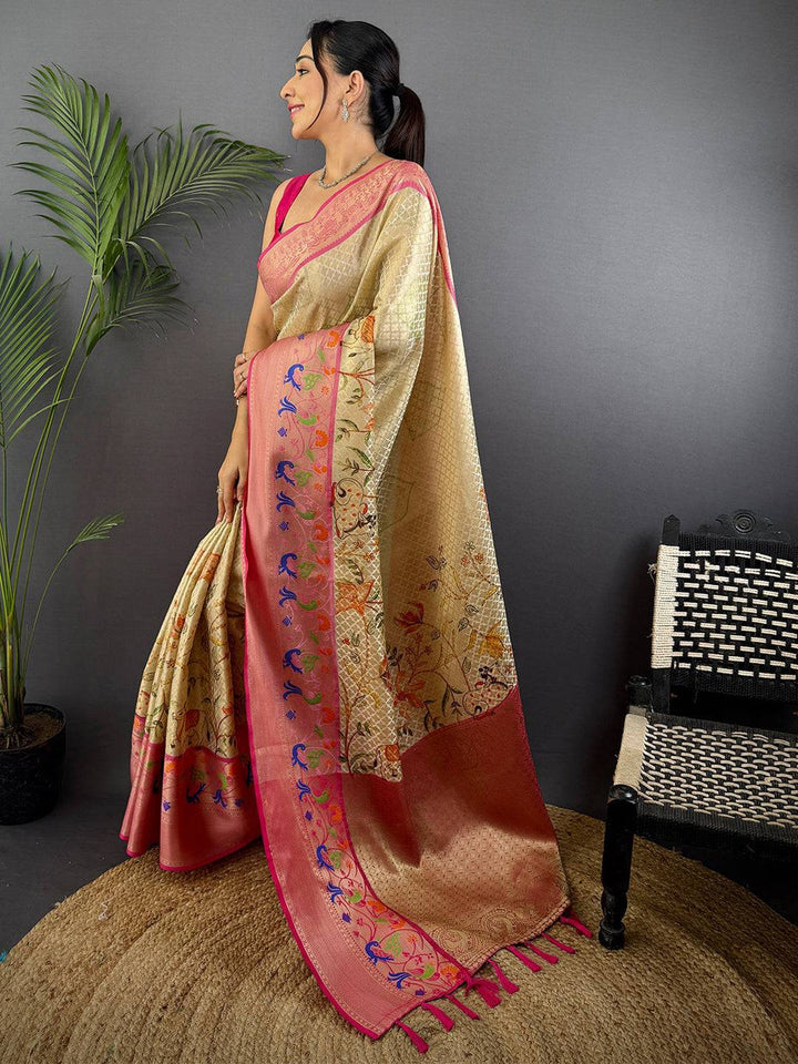 Pink & Gold Linen Silk Saree with Zari Weave and Multicolor Floral Pallu