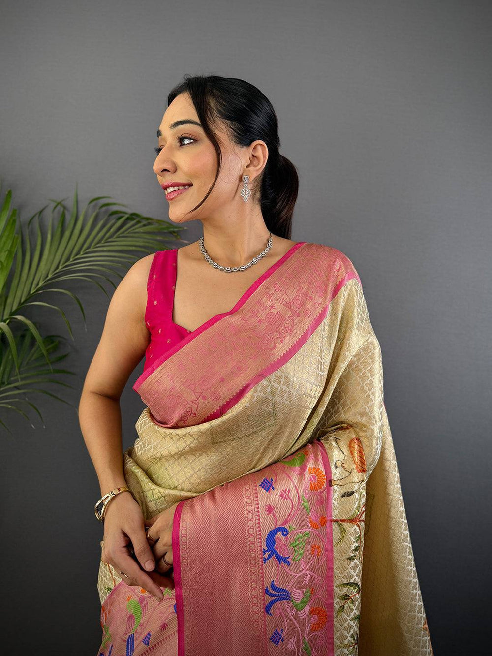 Pink & Gold Linen Silk Saree with Zari Weave and Multicolor Floral Pallu