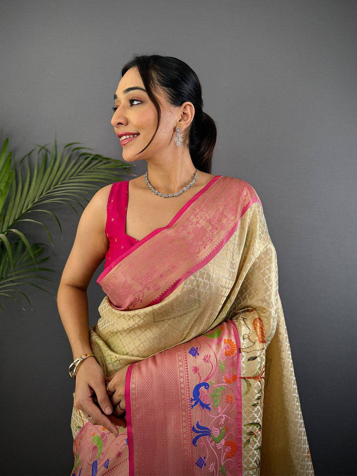 Pink & Gold Linen Silk Saree with Zari Weave and Multicolor Floral Pallu