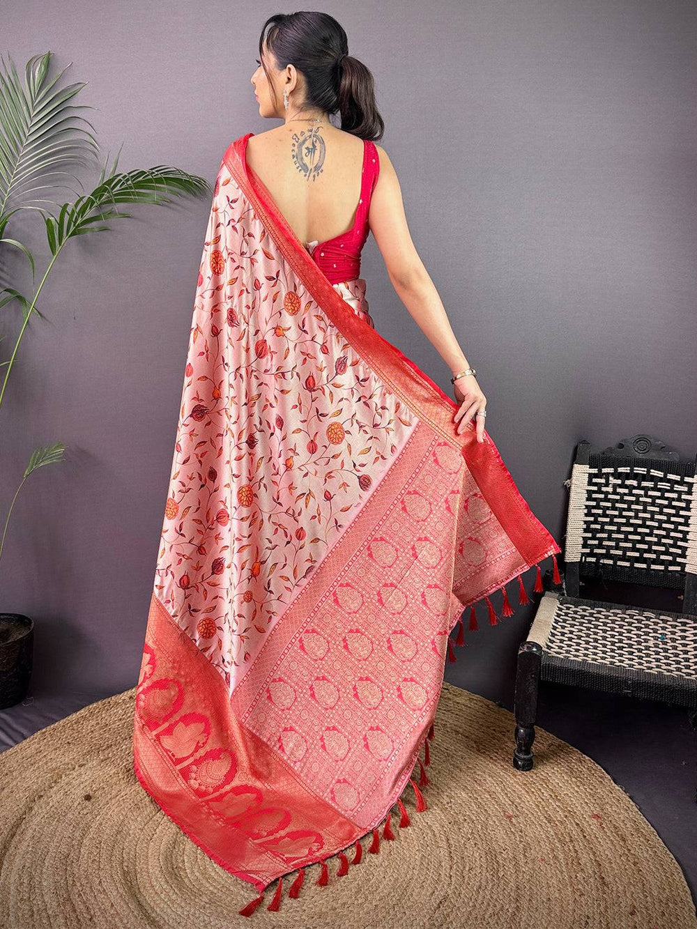 Red & Cream Linen Silk Saree with Zari Woven Pallu and Leaf Print