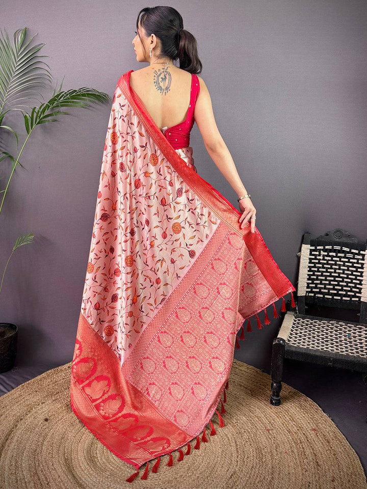 Red & Cream Linen Silk Saree with Zari Woven Pallu and Leaf Print