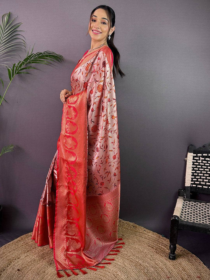 Red & Cream Linen Silk Saree with Zari Woven Pallu and Leaf Print