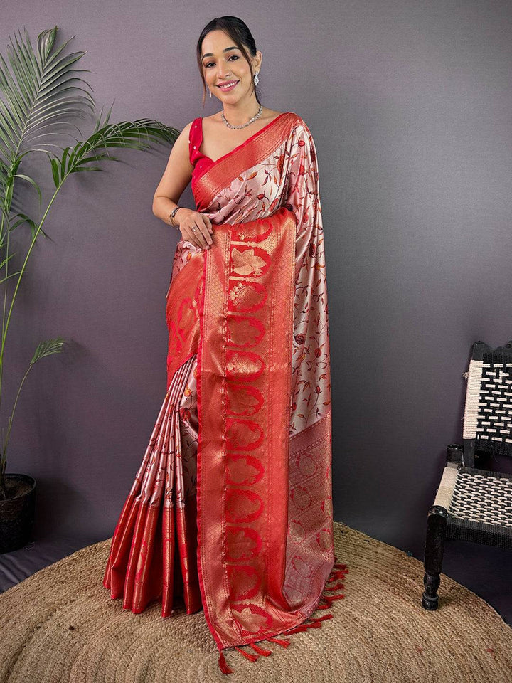 Red & Cream Linen Silk Saree with Zari Woven Pallu and Leaf Print