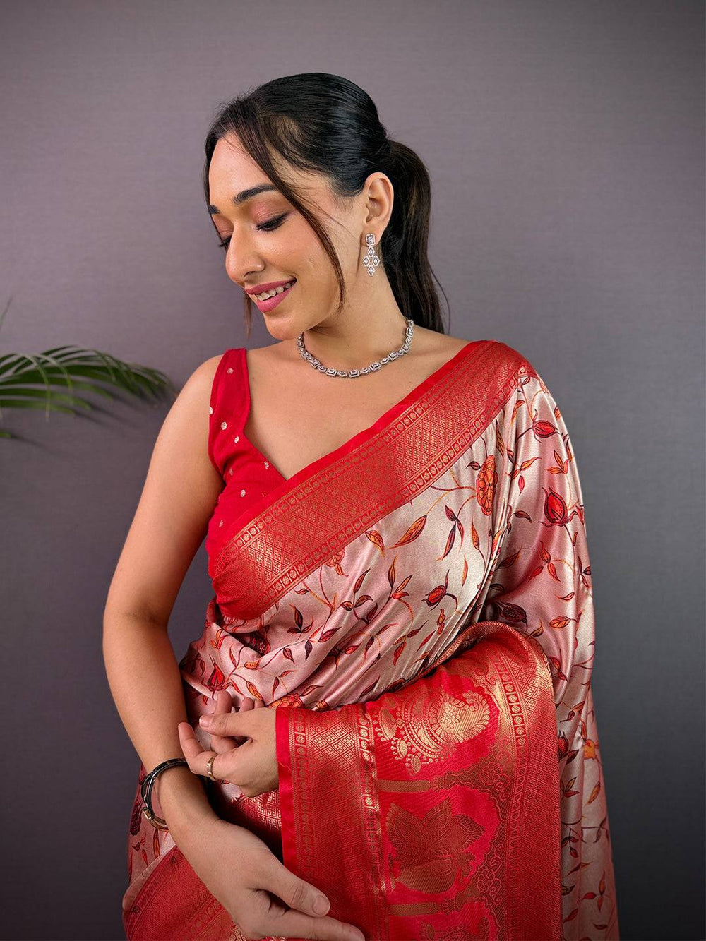 Red & Cream Linen Silk Saree with Zari Woven Pallu and Leaf Print