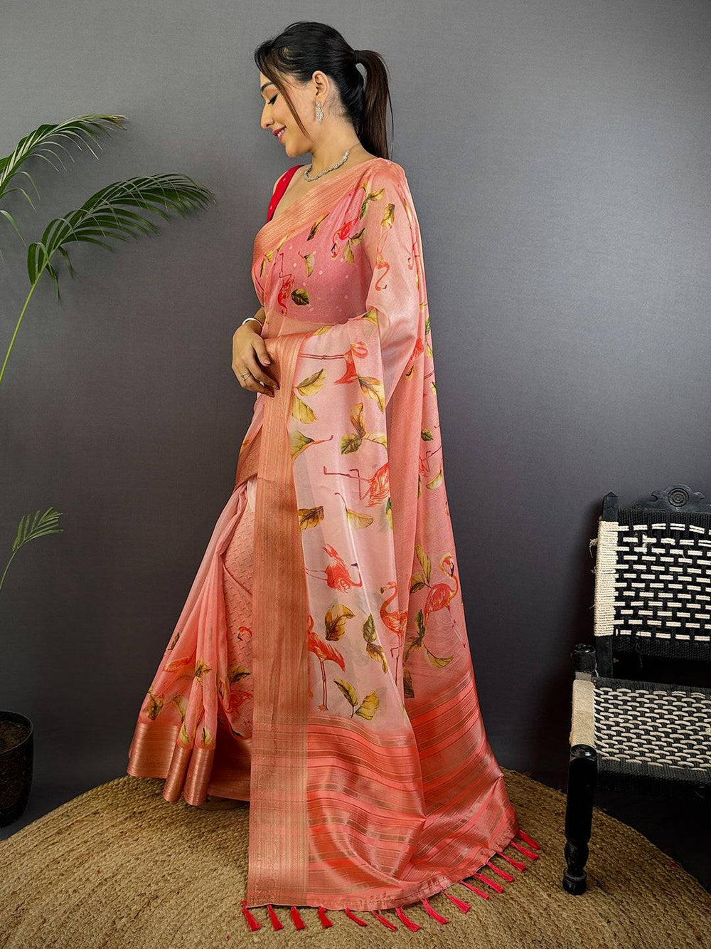 Peach Linen Silk Saree with Flamingo Print & Zari Woven Border