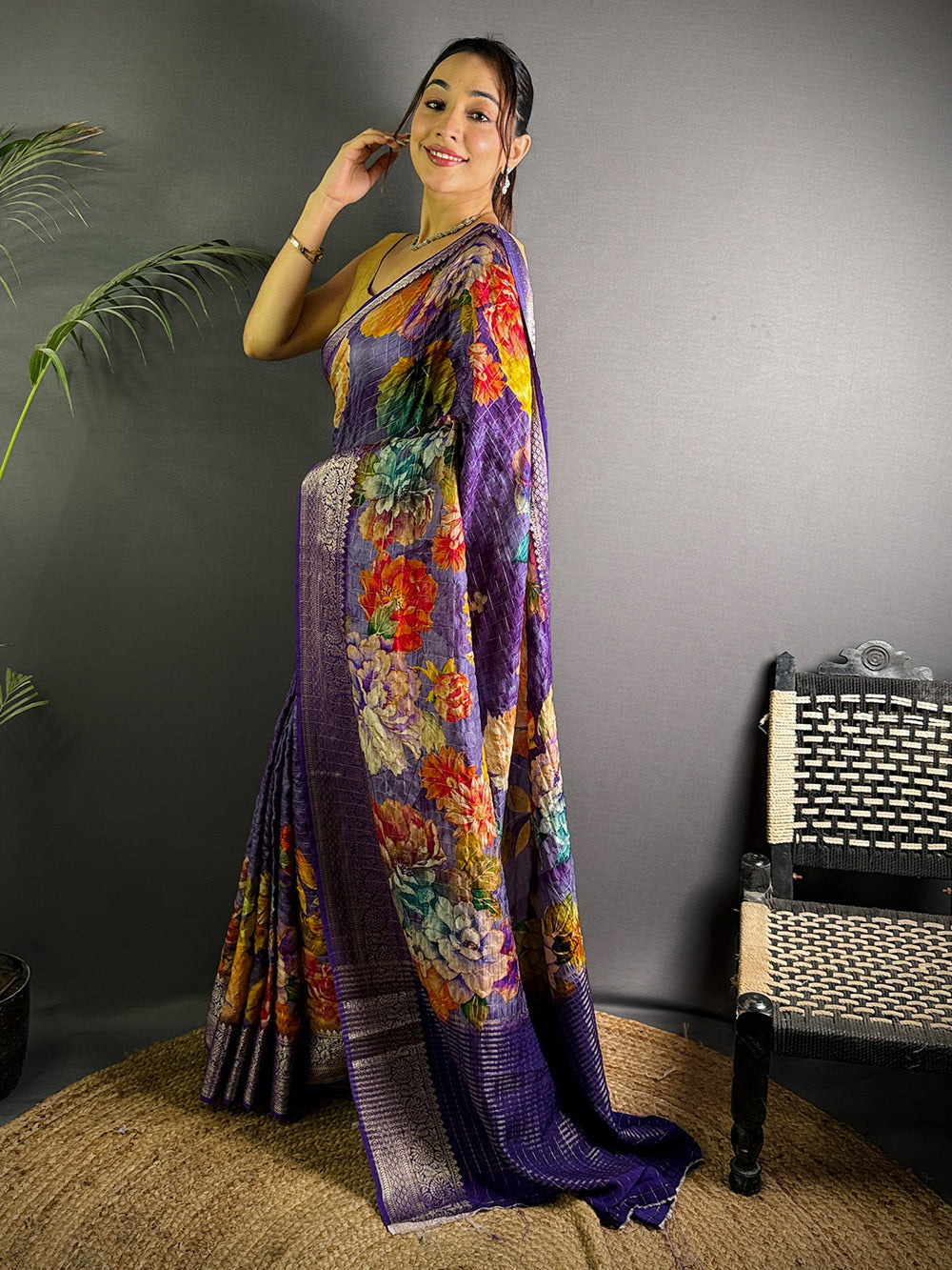 Purple Linen Silk Saree with Multicolor Floral Digital Print & Zari Border