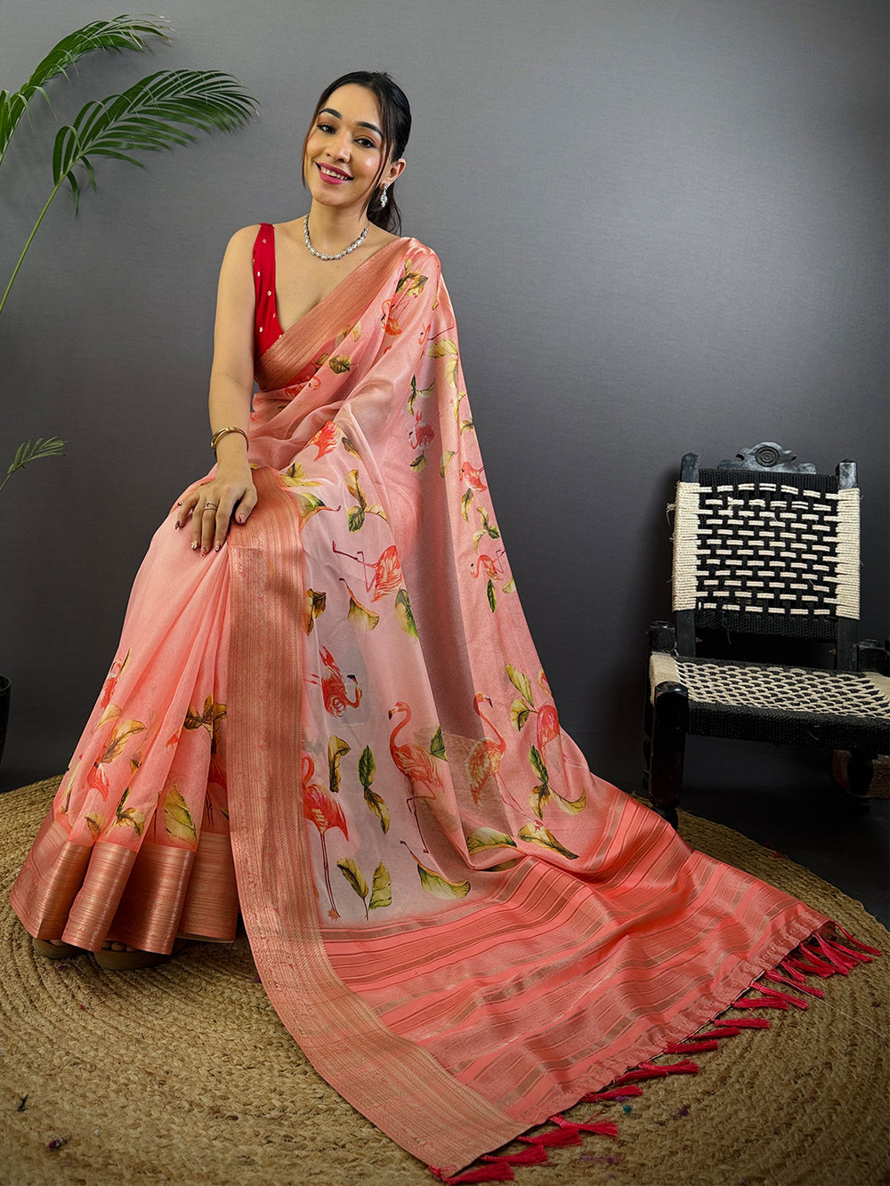 Peach Linen Silk Saree with Flamingo Print & Zari Woven Border