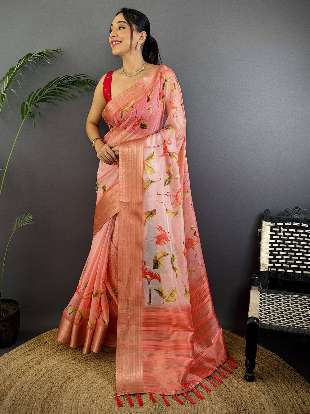 Peach Linen Silk Saree with Flamingo Print & Zari Woven Border