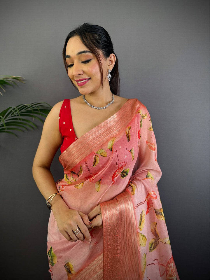 Peach Linen Silk Saree with Flamingo Print & Zari Woven Border