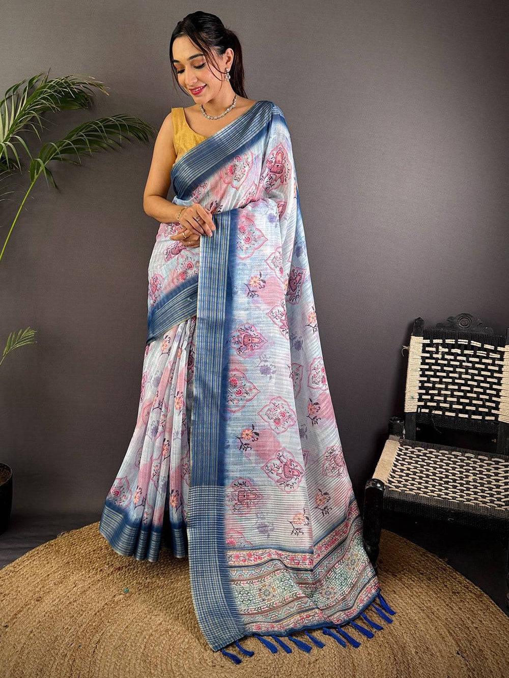 Pastel Blue Linen Silk Saree with Abstract Floral Print & Woven Border
