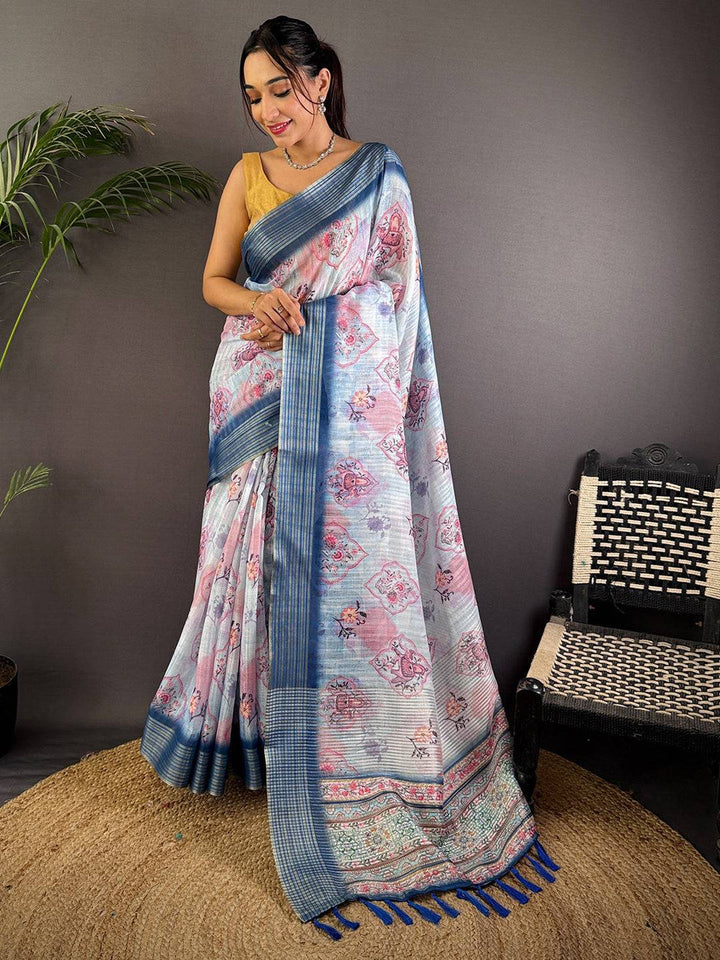 Pastel Blue Linen Silk Saree with Abstract Floral Print & Woven Border