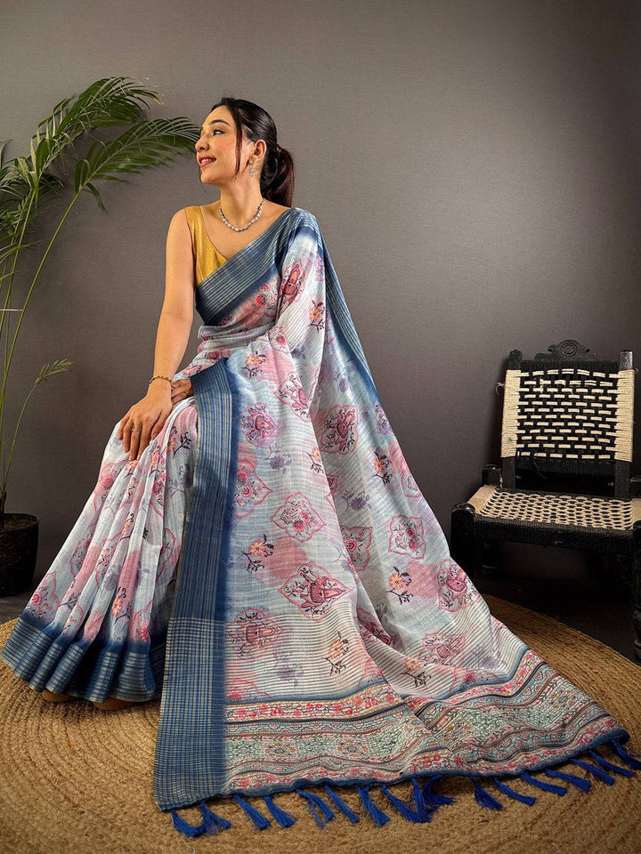 Pastel Blue Linen Silk Saree with Abstract Floral Print & Woven Border