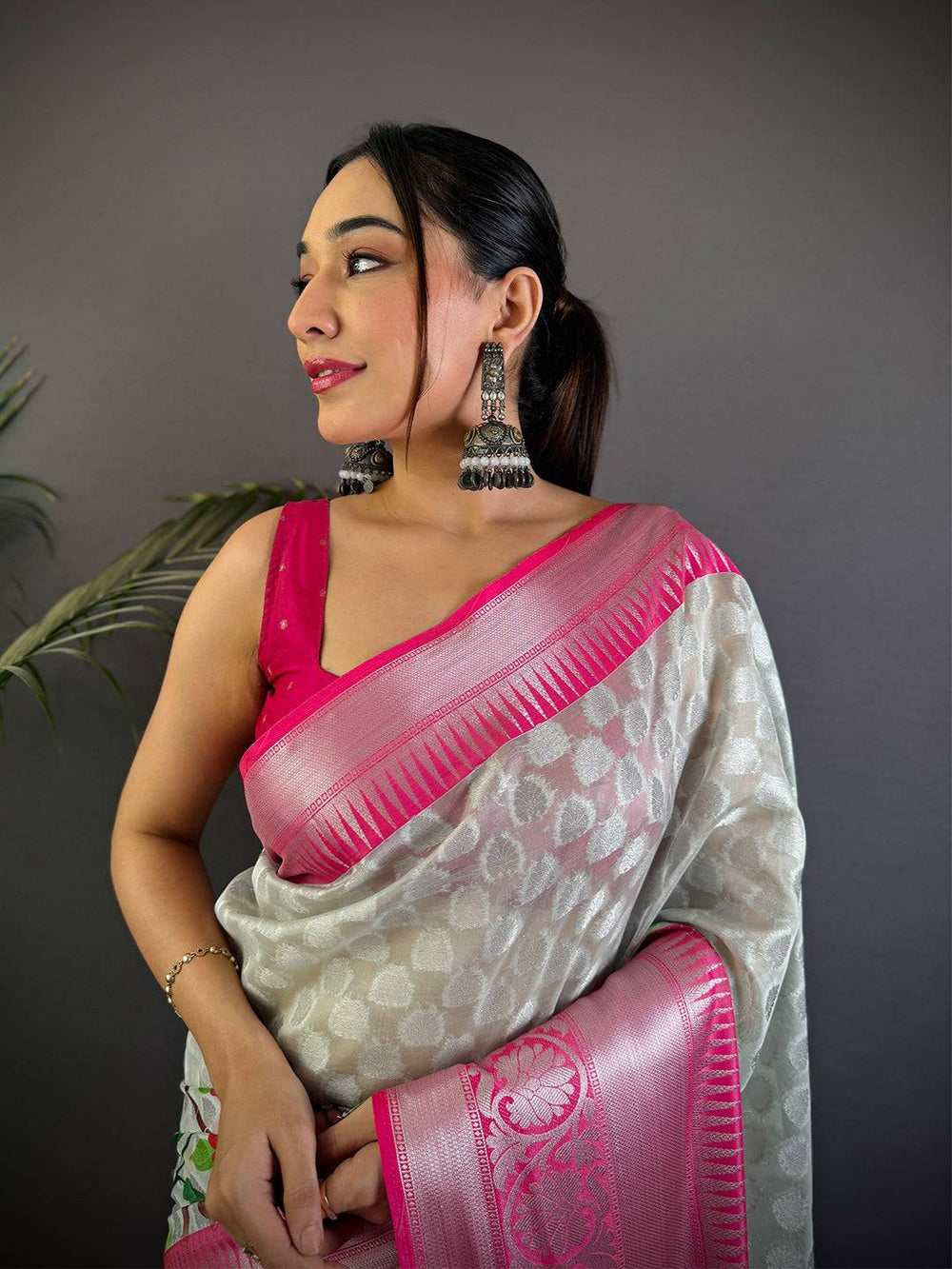 White & Pink Linen Silk Saree with Zari Woven Border and Floral Print