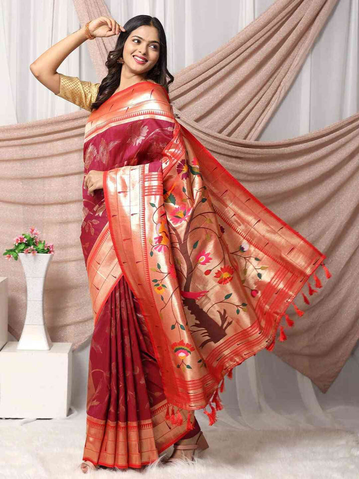 Red & Gold Banarasi Silk Saree with Floral Weaving Pallu & Rich Zari Border