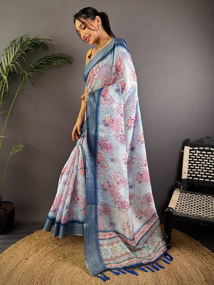 Pastel Blue Linen Silk Saree with Abstract Floral Print & Woven Border