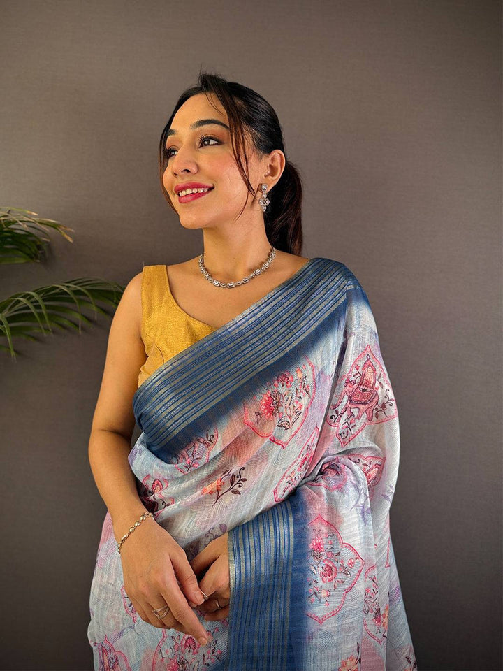 Pastel Blue Linen Silk Saree with Abstract Floral Print & Woven Border
