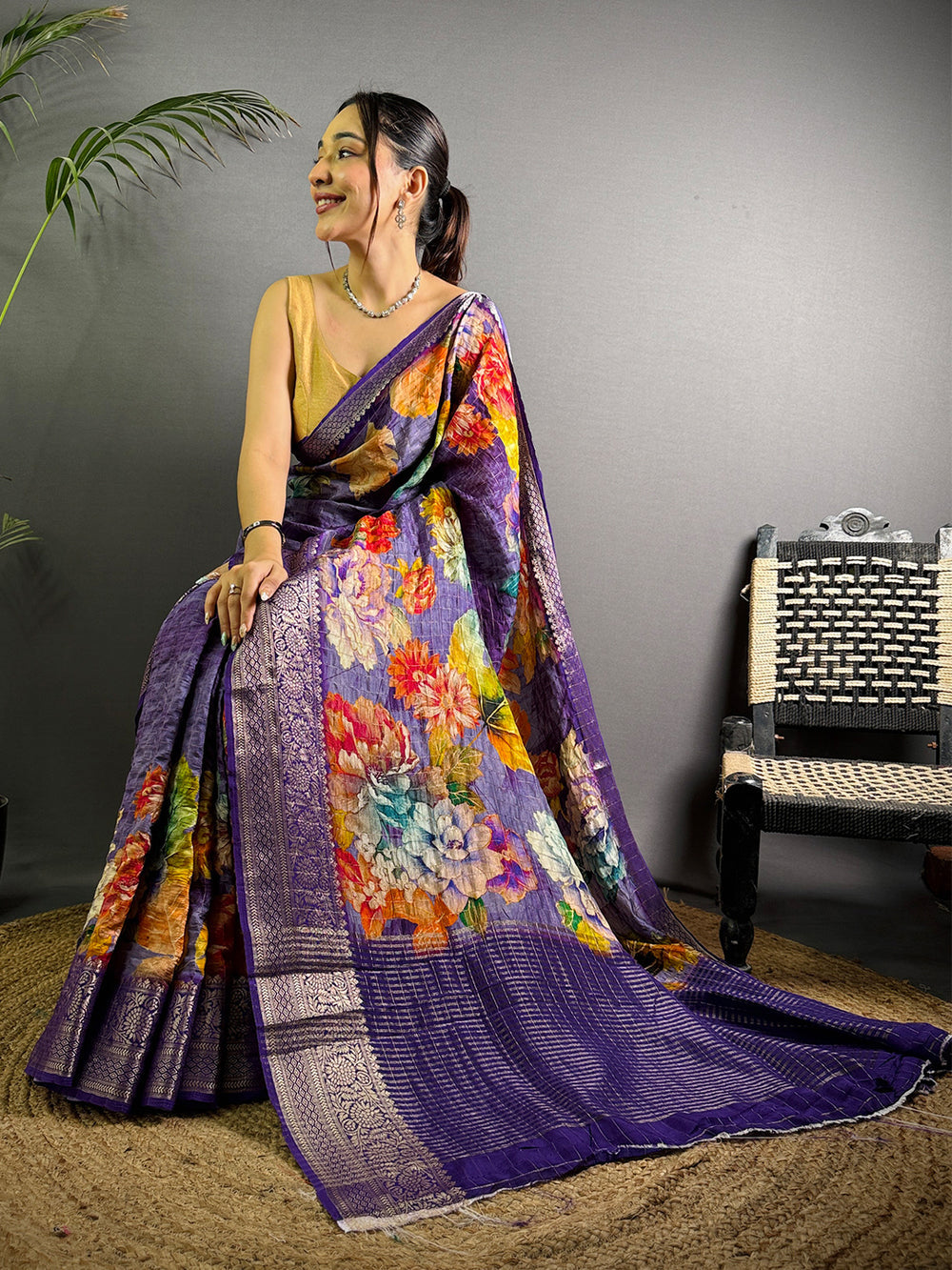 Purple Linen Silk Saree with Multicolor Floral Digital Print & Zari Border