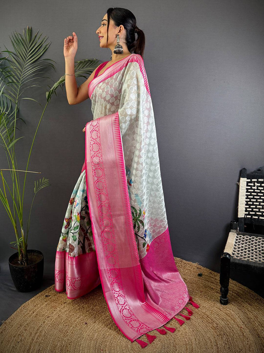 White & Pink Linen Silk Saree with Zari Woven Border and Floral Print