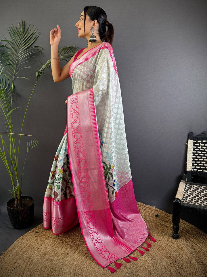 White & Pink Linen Silk Saree with Zari Woven Border and Floral Print