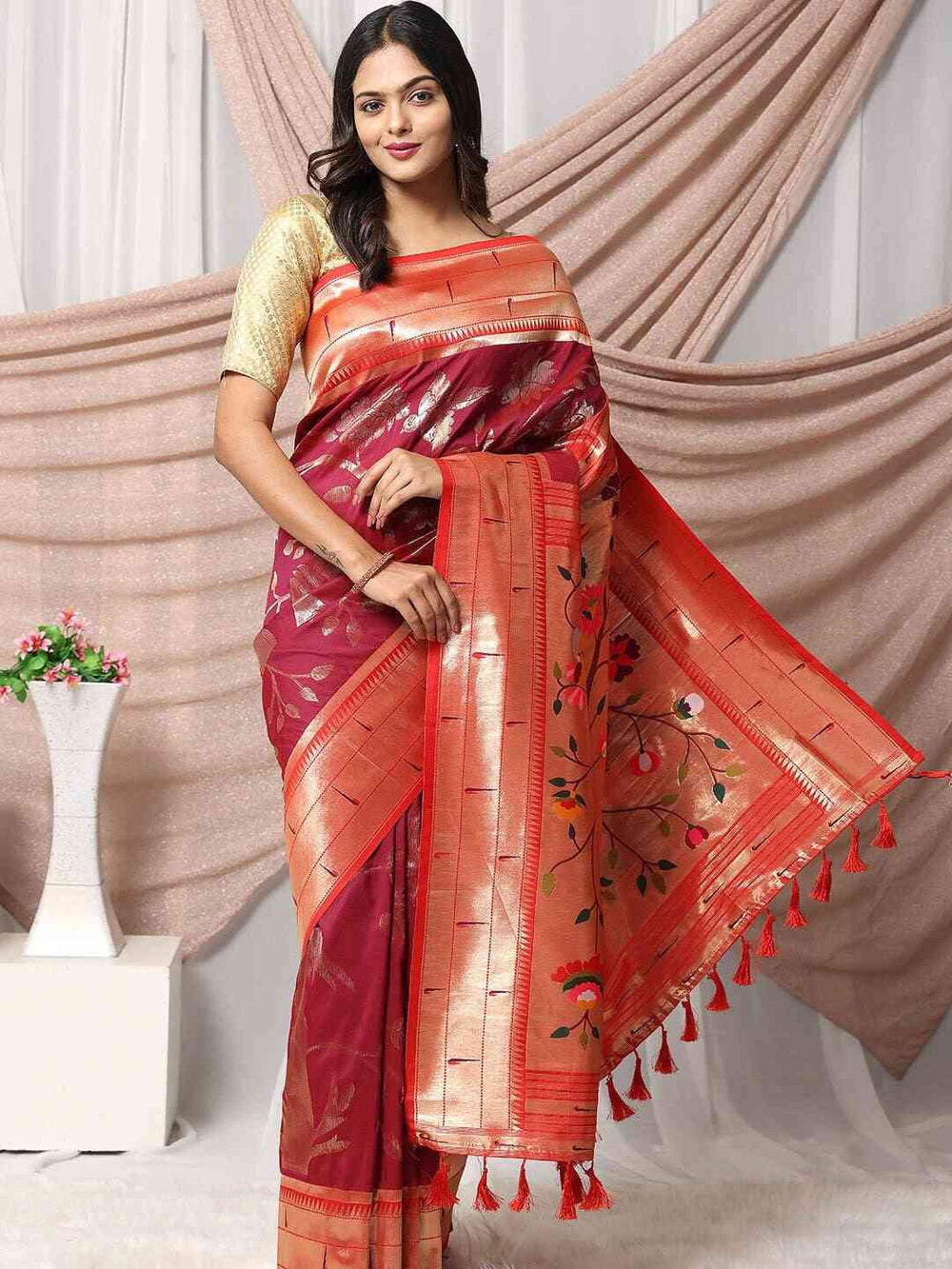 Red & Gold Banarasi Silk Saree with Floral Weaving Pallu & Rich Zari Border