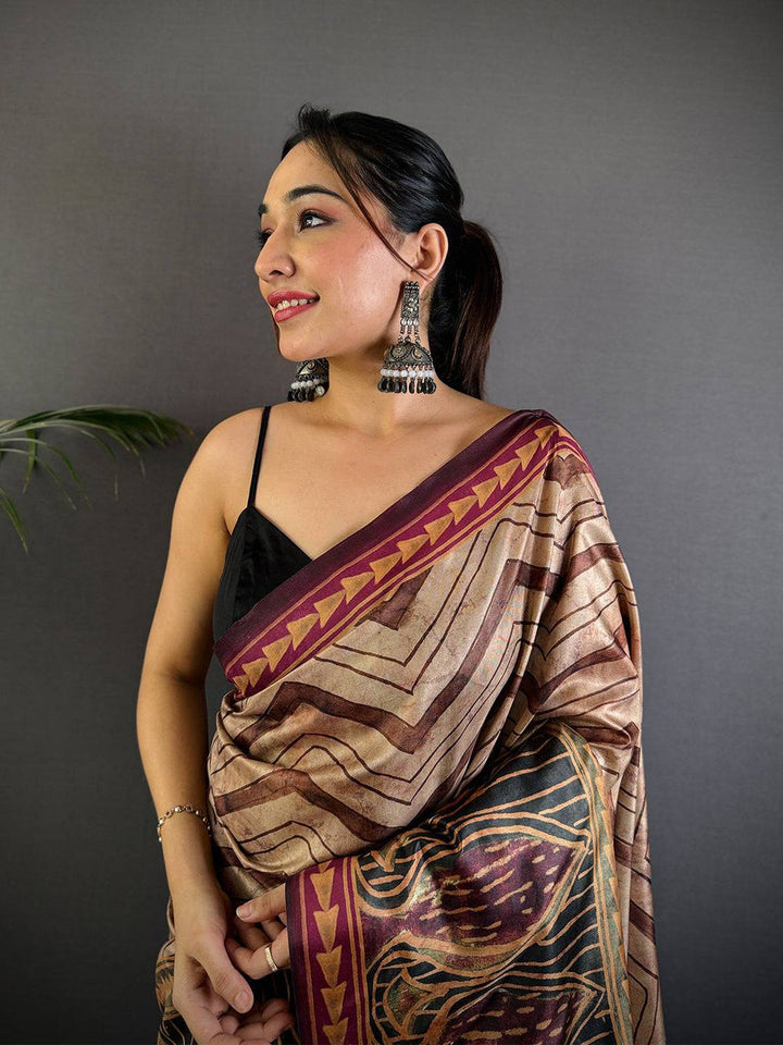 Brown & Maroon Linen Silk Saree with Tribal Art Print and Geometric Pattern