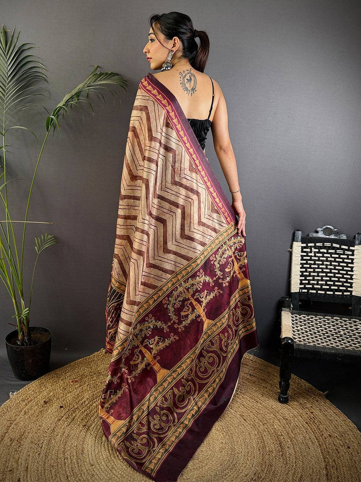 Brown & Maroon Linen Silk Saree with Tribal Art Print and Geometric Pattern