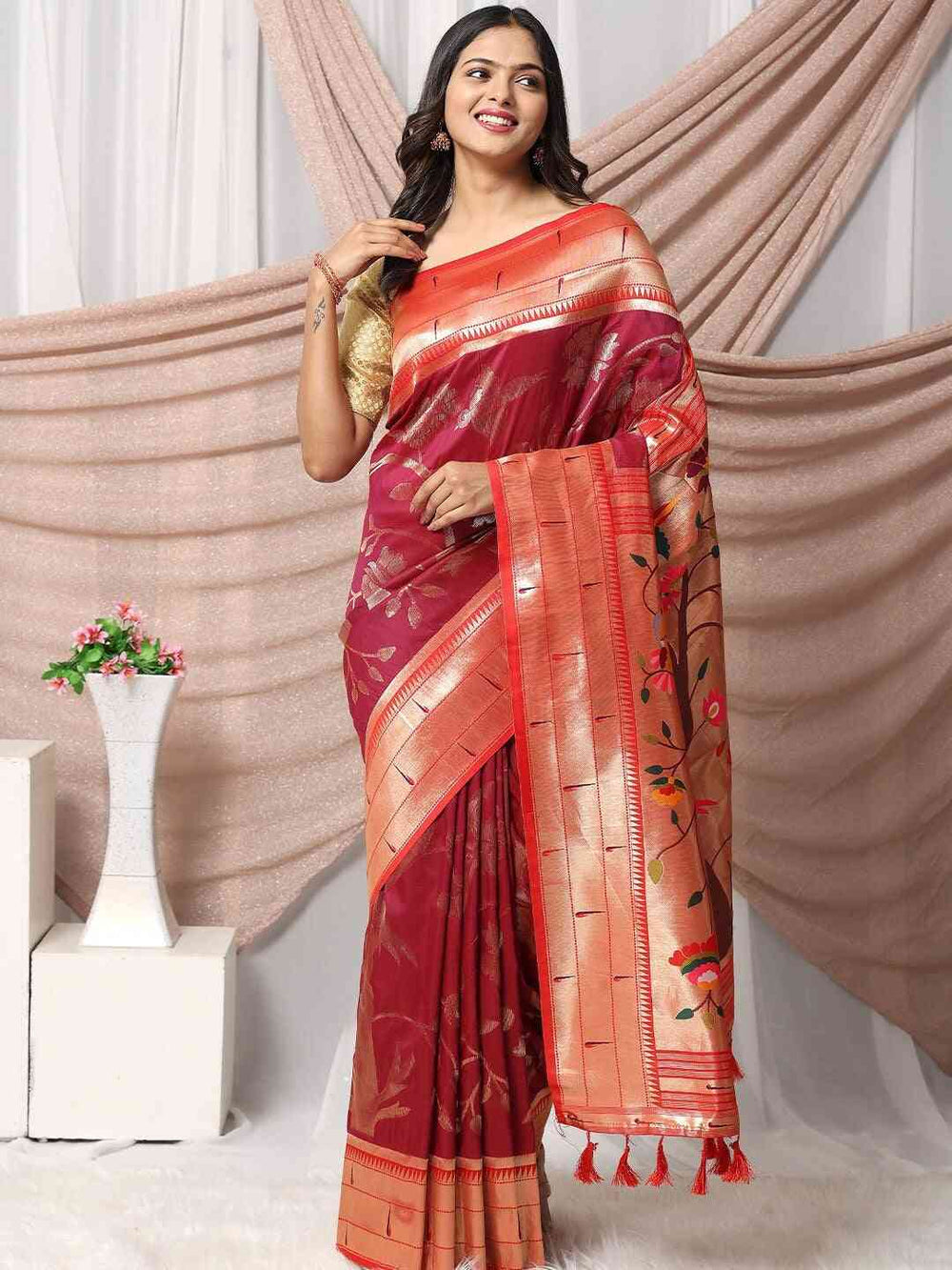 Red & Gold Banarasi Silk Saree with Floral Weaving Pallu & Rich Zari Border