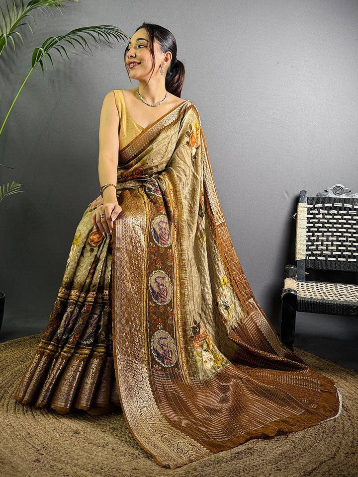 Olive Gold Linen Silk Saree with Floral Print & Antique Zari Pallu