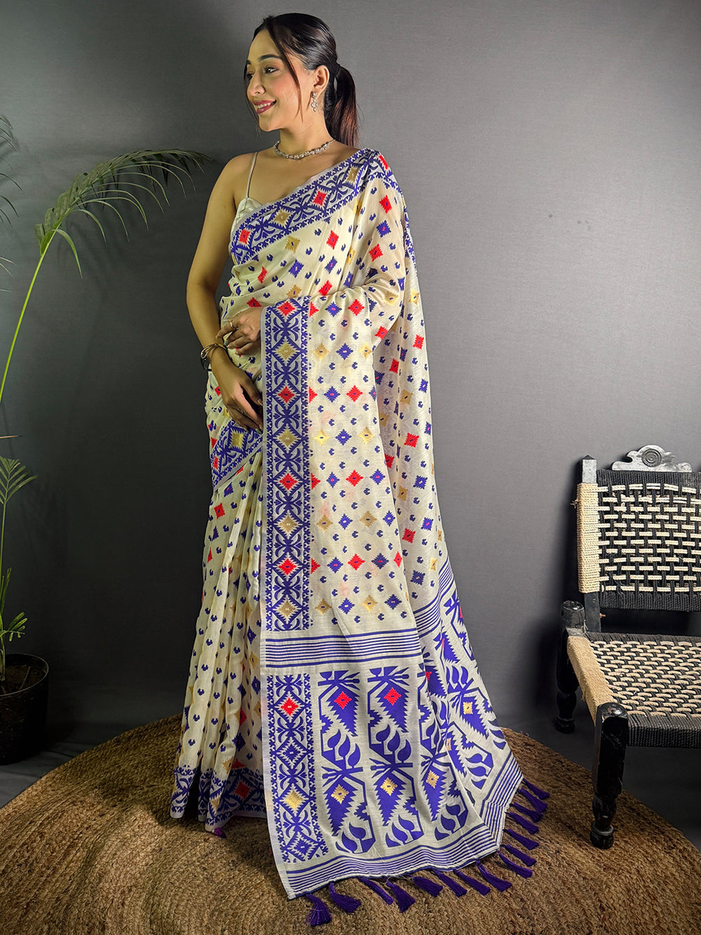 Cream Linen Cotton Saree with Multicolor Tribal Print & Indigo Border