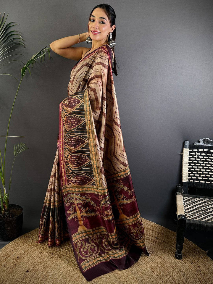 Brown & Maroon Linen Silk Saree with Tribal Art Print and Geometric Pattern