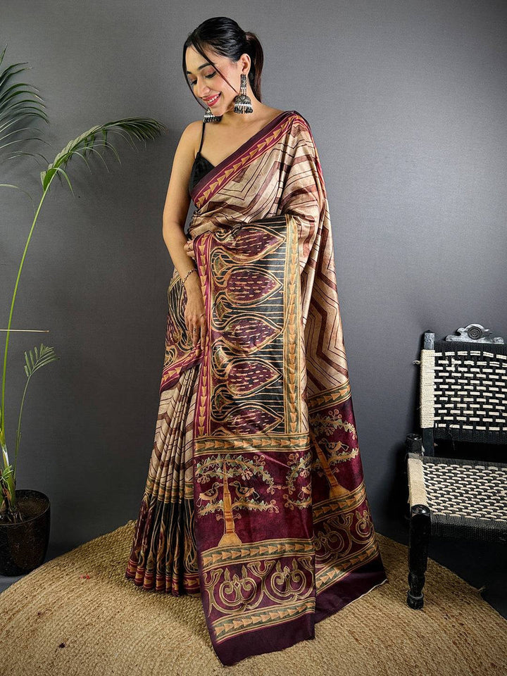 Brown & Maroon Linen Silk Saree with Tribal Art Print and Geometric Pattern