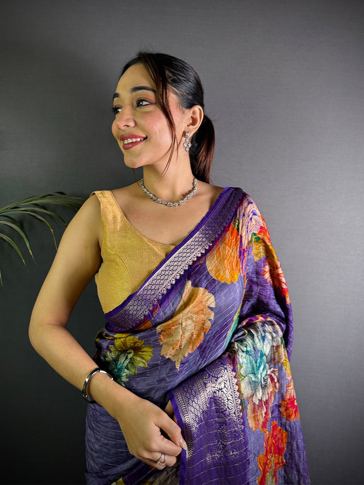 Purple Linen Silk Saree with Multicolor Floral Digital Print & Zari Border