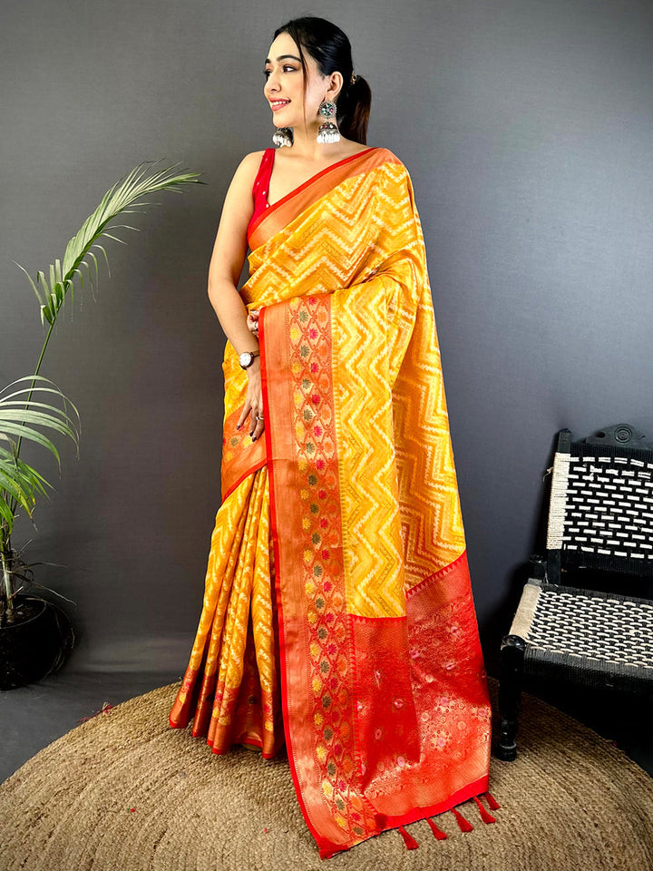 Yellow Linen Silk Saree with Ikat Print & Red Zari Woven Pallu