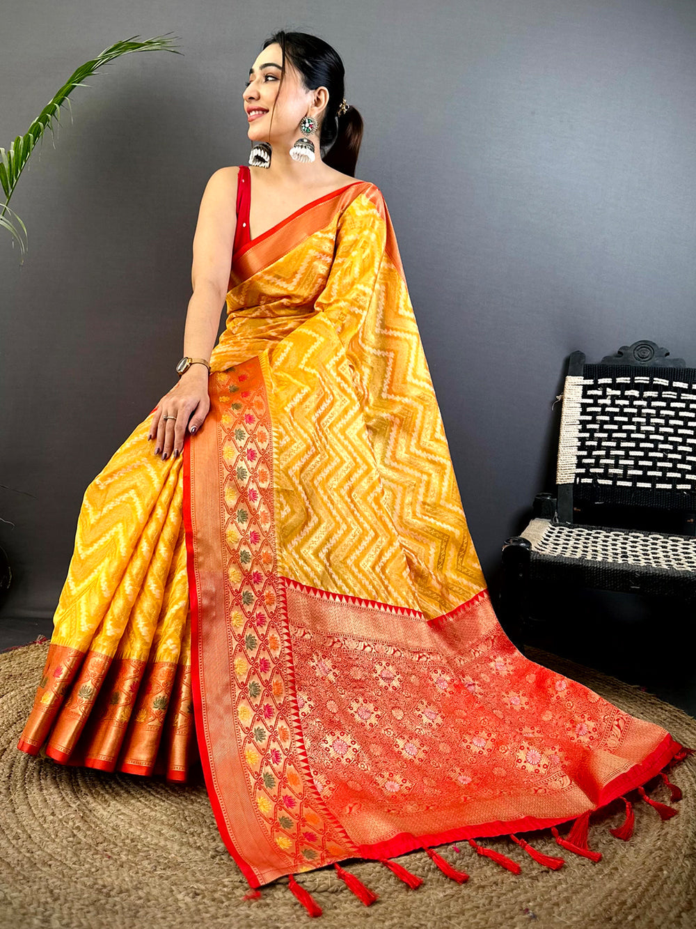 Yellow Linen Silk Saree with Ikat Print & Red Zari Woven Pallu