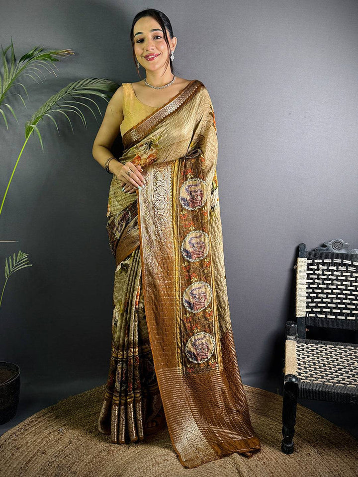 Olive Gold Linen Silk Saree with Floral Print & Antique Zari Pallu