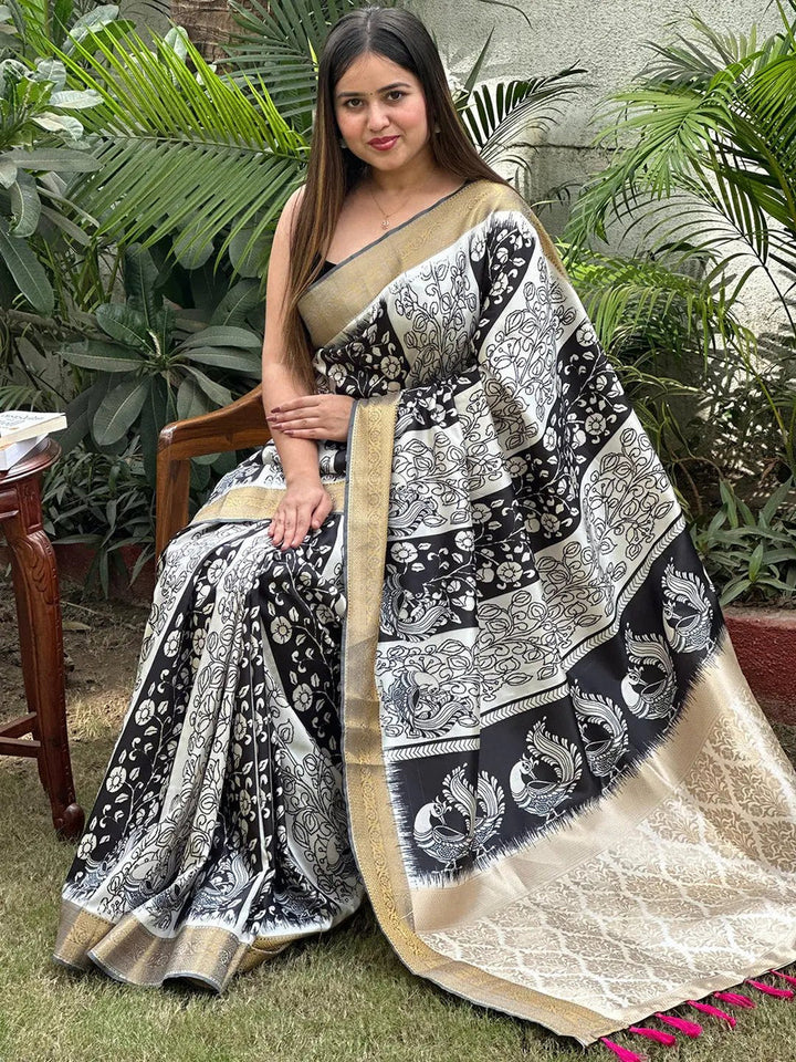 Black & Cream Linen Silk Saree with Artistic Madhubani Print & Golden Zari Borde
