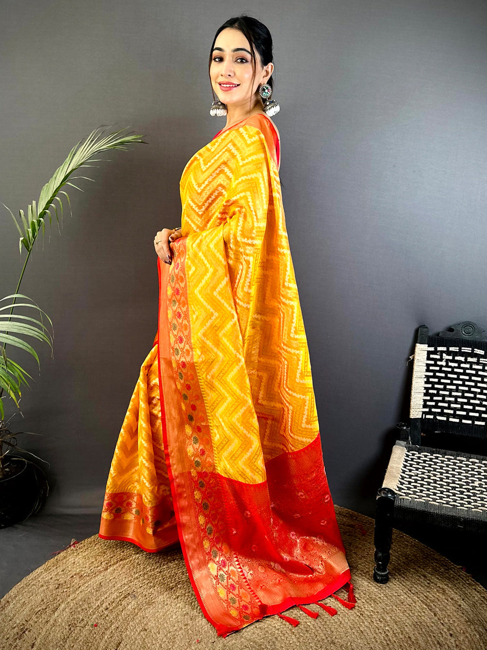Yellow Linen Silk Saree with Ikat Print & Red Zari Woven Pallu