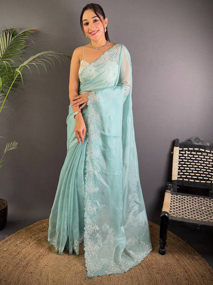 Pastel Mint Organza Saree with Floral Embroidered Border