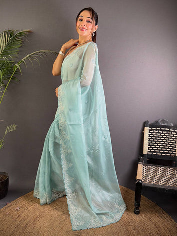 Pastel Mint Organza Saree with Floral Embroidered Border