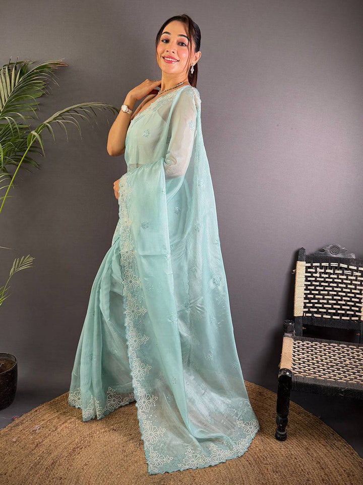 Pastel Mint Organza Saree with Floral Embroidered Border