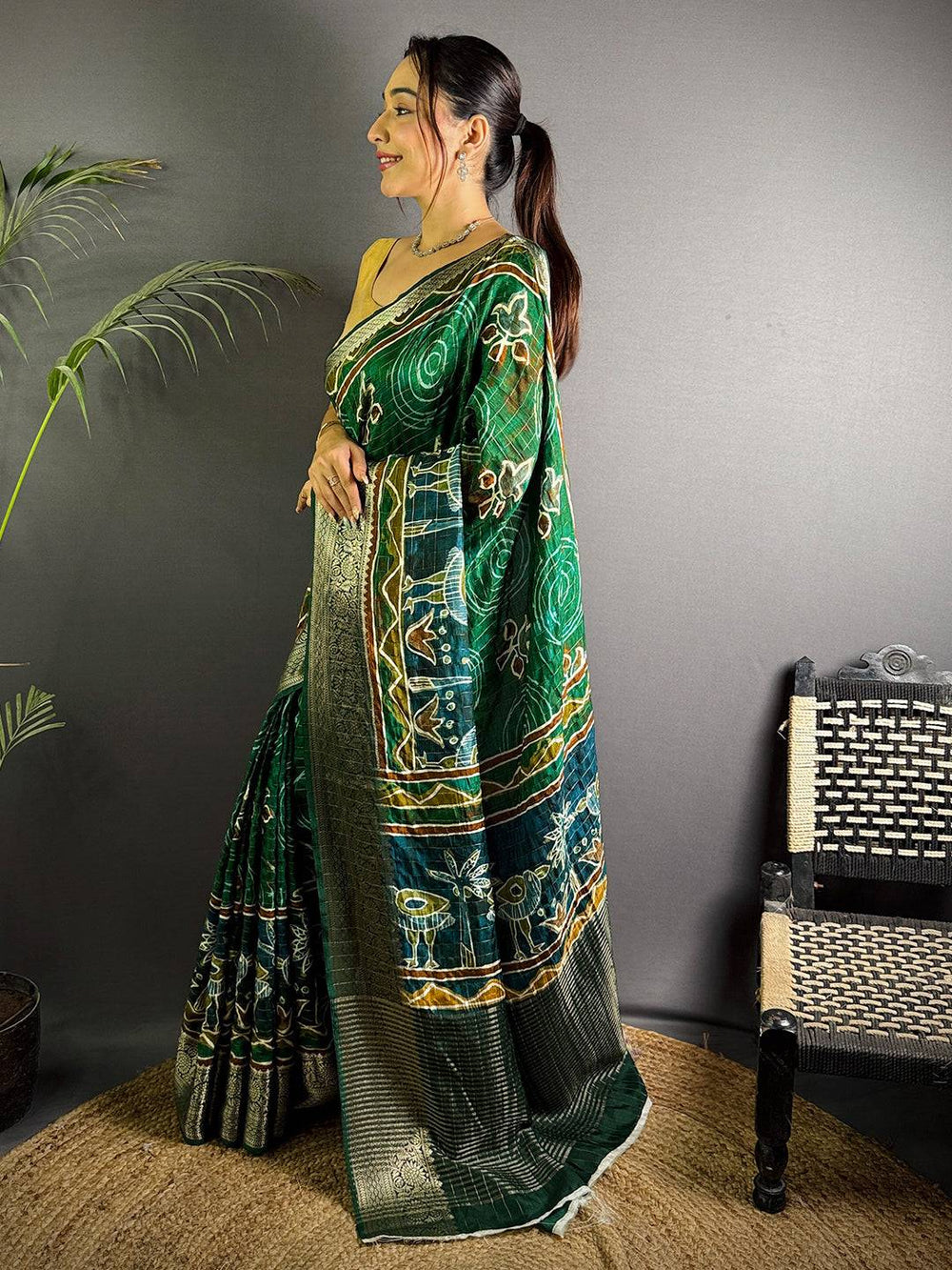 Green Linen Silk Saree with Artistic Digital Print & Zari Border