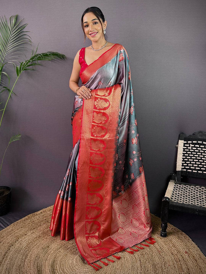 Red & Grey Banarasi Silk Saree with Floral Motifs and Rich Zari Woven Pallu