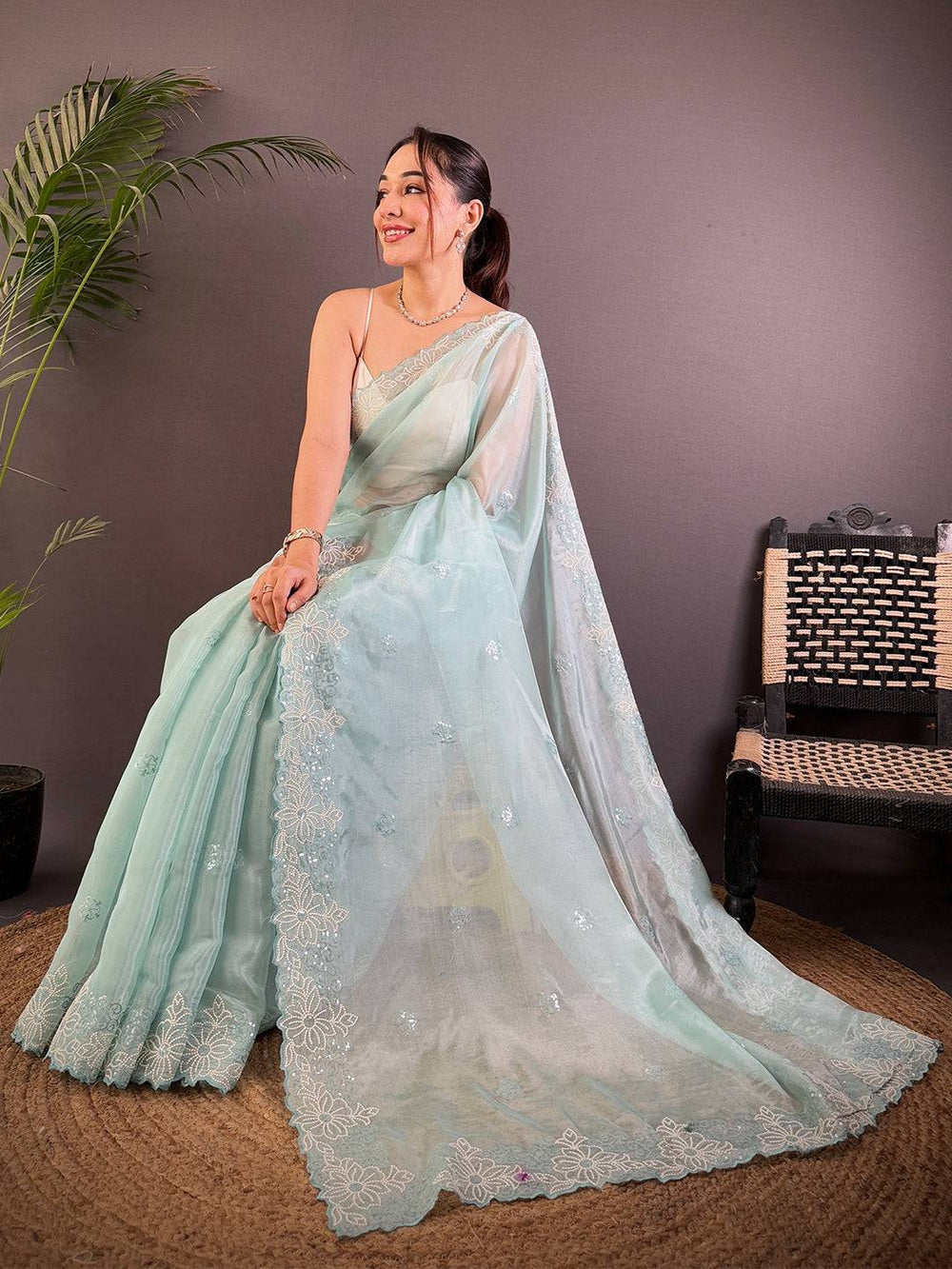 Pastel Mint Organza Saree with Floral Embroidered Border