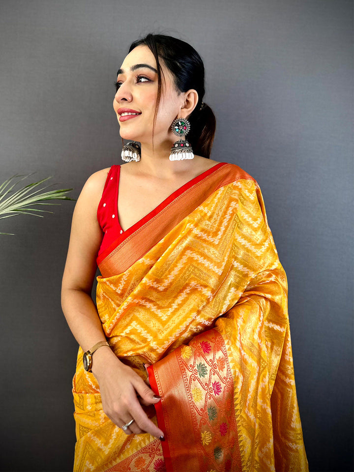 Yellow Linen Silk Saree with Ikat Print & Red Zari Woven Pallu