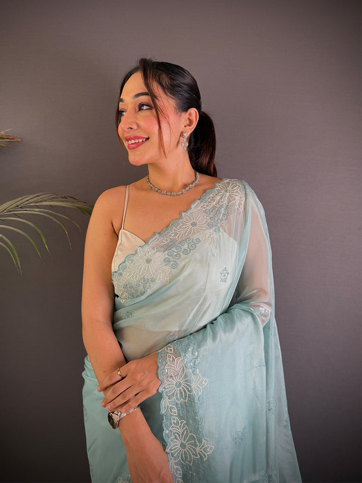 Pastel Mint Organza Saree with Floral Embroidered Border